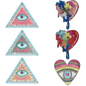 INFUNLY 6pcs Evil Eye Sequin Applique Embroidered Iron on Patches Triangle Heart Shiny Sequins Patches Embellishments DIY Fries Sequin Applique for T-Shirts Clothes Jeans Jackets Hoodies Decor