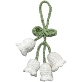 Hand Knitted Crochet Flower Decor for Mirror Flower Keychain Charms Mirror Hanging Car Accessories Cute Little Lily of The Valley, Rear View Mirrors, Car Key Crochet Flower Pendant(Pink)