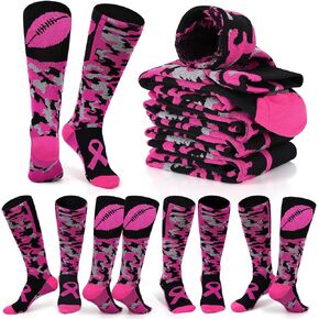 YLOLUL 12 Pairs Breast Cancer Awareness Socks Pink Ribbon Calf Socks Soccer Football Socks Breast Cancer Gifts for Women Men