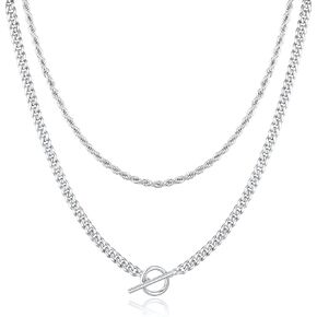 Jewlpire Fashion Dainty Toggle Clasp Pendant Necklaces for Women, Silver / 14K Plated Gold Layered Necklaces for Women, Herringbone Necklace Cuban Link Paperclip Chain Necklace for Women Trendy