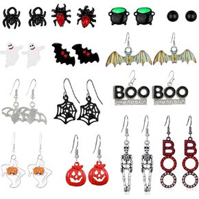NIQIPOK Halloween Earrings Set 14 Pairs Holiday Earrings Set Halloween Stud Earrings Set Spider Spider Ghost Witchy Skull Pumpkin Ghost Bat Web Skull Ddrop Dangle Earring Holiday Jewelry Gifts