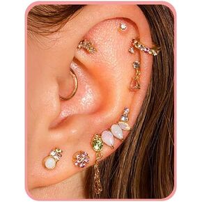 Gold Earrings Set for Women Trendy 14K Gold Plated Gold Dainty Small CZ Diamond Opal Pearl Evil Eye Stud Huggie Hoop Earrings Cartilage Earrings for Women