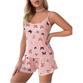 WDIRARA Women's 3 Pieces Sleepwear Cartoon Dinosaur Print Cami Top and Shorts Pajama Set with Eye Mask