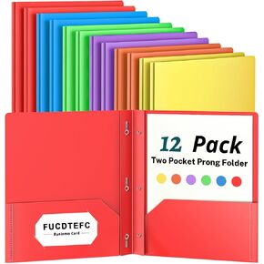 2 Pocket Folder with Prong, 6 Pack Plastic Folders with Pockets, File Folders with Fasteners, Heavy Duty Two Pocket 3 Prong Folders for Office School Letter Size, 6 Bright Color