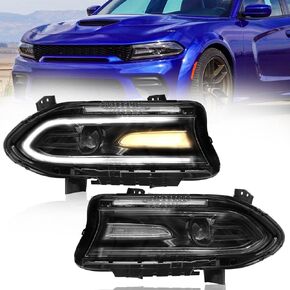 Halogen Type Headlight assembly Fit for 2015-2020 Dodge Charger, Projector Headlamps Assembly w/LED DRL, Driver and Passenger Side, Black House