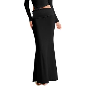 Women's Folded High Waisted Ribbed Knit Maxi Skirt Bodycon Fishtail Long Skirts