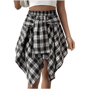 SweatyRocks Women's Plaid Skirt Knot Front Asymmetrical Hem High Waist Flared Skirts