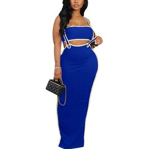 Vakkest Women's Sexy 2 Piece Outfits Colorblock Sleeveless Tube Top and Bodycon Long Straps Maxi Skirt Set Y2k Summer Dress