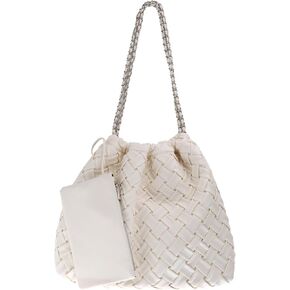 Drawstring Woven Shoulder Bag for Women, Large Vegan Leather Tote Bag Summer Beach Handbag with Purse Satchel Bag