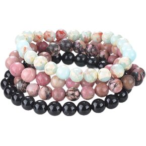 YJJelt Men Women 8mm Natural Black Beaded Bracelets,3pcs Semi-Precious Gemstones Beads Healing Crystal Stretch Bracelet