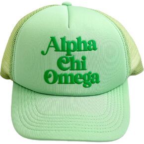 Sorority Shop Alpha Chi Omega Baseball Cap - Mesh Trucker-Style Hat, Padded Front Panel and Snap Closure, Alpha Chi Omega Gifts for Women Green