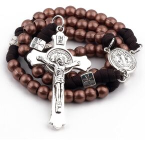 HanlinCC Saint Benedict Paracord Rosary Necklace Large and Heavy Metal Beads Durable Rugged Cord Catholic Rosary for Men