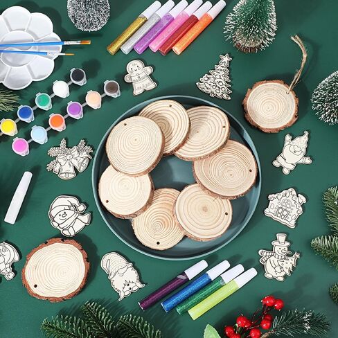 Outus 36 Pcs DIY Christmas Tree Ornaments Set Wooden Unfinished Christmas Crafts with Hole, Jute Twine, Acrylic Paint, Markers and Adhesive for Crafting Painting Christmas Hanging Decorations in Saudi Arabia