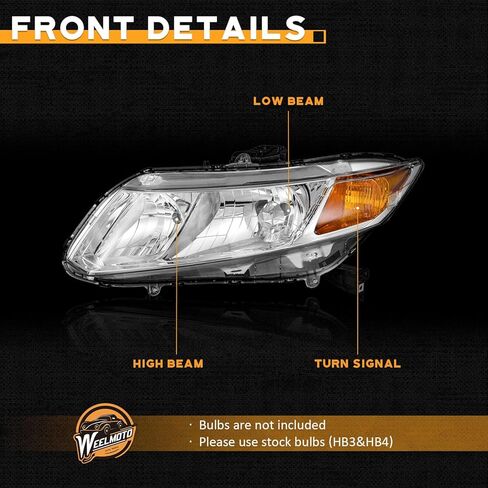 for 2012-2015 Honda Civic 4Dr Sedan Headlights for 12-13 Honda Civic 2Dr Coupe Pair Headlamp Chrome Housing Amber Reflector Left+Right Side (Does NOT Fit Hybrid or Hybrid-L Models) in Saudi Arabia