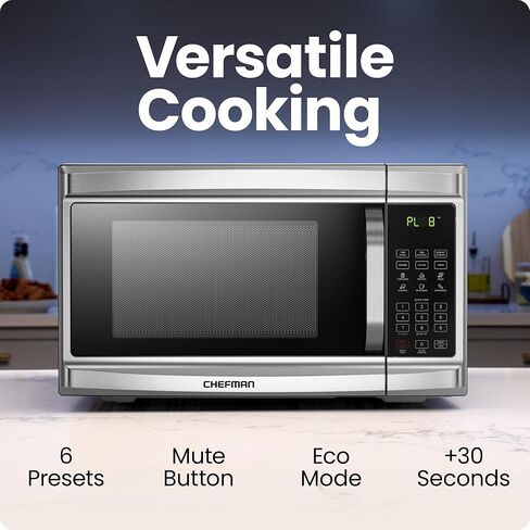 Chefman Countertop Microwave Oven 1.1 Cu. Ft. Digital Stainless Steel Microwave 1000 Watts with 6 Auto Menus, 10 Power Levels, Eco Mode, Memory, Mute Function, Child Safety Lock, Easy Clean in Kuwait