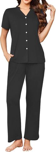 Ekouaer Women Pajamas Set Button Up Pj Sets Short Sleeve Sleepwear with Long Pants Soft Loungewear S-XXL in Saudi Arabia