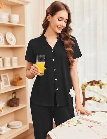 Ekouaer Women Pajamas Set Button Up Pj Sets Short Sleeve Sleepwear with Long Pants Soft Loungewear S-XXL in Saudi Arabia