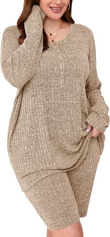 AusLook Women's Plus Size Lounge Pajamas Sets 2 Piece Ribbed Knit Long Sleeve Top and Shorts Outfits Loungewear Sweatsuit in Kuwait