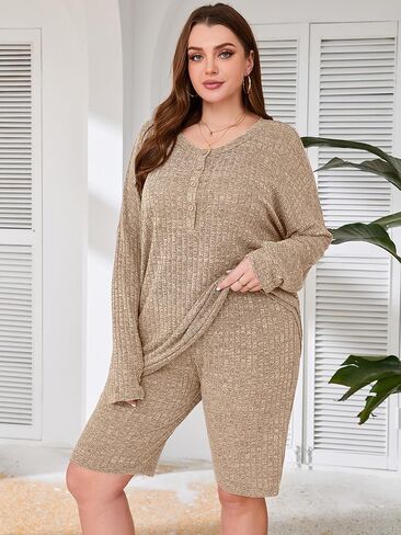 AusLook Women's Plus Size Lounge Pajamas Sets 2 Piece Ribbed Knit Long Sleeve Top and Shorts Outfits Loungewear Sweatsuit in Kuwait