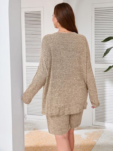 AusLook Women's Plus Size Lounge Pajamas Sets 2 Piece Ribbed Knit Long Sleeve Top and Shorts Outfits Loungewear Sweatsuit in Kuwait