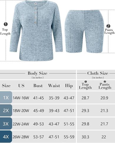 AusLook Women's Plus Size Lounge Pajamas Sets 2 Piece Ribbed Knit Long Sleeve Top and Shorts Outfits Loungewear Sweatsuit in Kuwait
