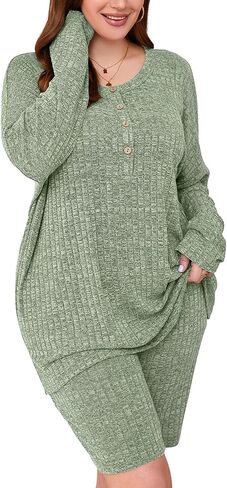 AusLook Women's Plus Size Lounge Pajamas Sets 2 Piece Ribbed Knit Long Sleeve Top and Shorts Outfits Loungewear Sweatsuit in Kuwait