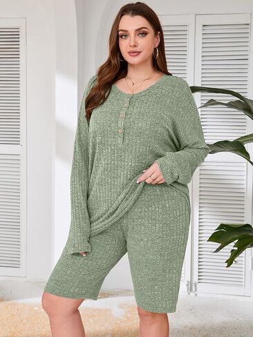 AusLook Women's Plus Size Lounge Pajamas Sets 2 Piece Ribbed Knit Long Sleeve Top and Shorts Outfits Loungewear Sweatsuit in Kuwait
