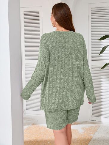 AusLook Women's Plus Size Lounge Pajamas Sets 2 Piece Ribbed Knit Long Sleeve Top and Shorts Outfits Loungewear Sweatsuit in Kuwait