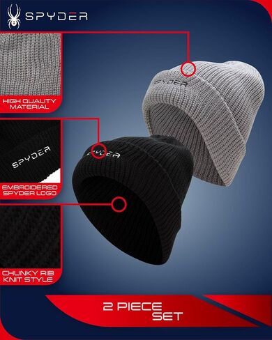 Spyder Knitted Mens Beanie - 2 Piece Rib Knit Beanie for Men Cozy Warm Winter Hat Skull Cap with Embroidered Logo Patch in Kuwait