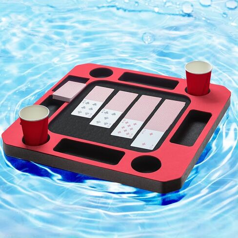 Floating Games Pool Table or Card Table Tray for Pool or Beach Party Float Lounge Durable Foam Drink Holders with Waterproof Playing Cards for Summer Party Indoor Outdoor Beach Pool (Red) in Saudi Arabia