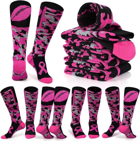 YLOLUL 12 Pairs Breast Cancer Awareness Socks Pink Ribbon Calf Socks Soccer Football Socks Breast Cancer Gifts for Women Men in Kuwait