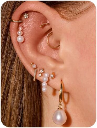 Gold Earrings Set for Women Trendy 14K Gold Plated Gold Dainty Small CZ Diamond Opal Pearl Evil Eye Stud Huggie Hoop Earrings Cartilage Earrings for Women in Saudi Arabia