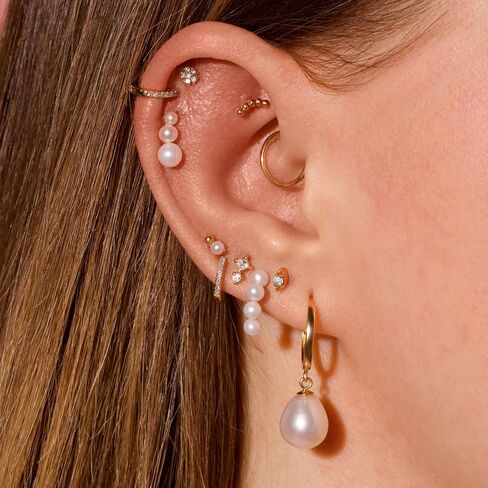 Gold Earrings Set for Women Trendy 14K Gold Plated Gold Dainty Small CZ Diamond Opal Pearl Evil Eye Stud Huggie Hoop Earrings Cartilage Earrings for Women in Saudi Arabia