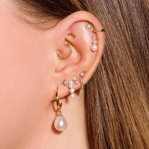 Gold Earrings Set for Women Trendy 14K Gold Plated Gold Dainty Small CZ Diamond Opal Pearl Evil Eye Stud Huggie Hoop Earrings Cartilage Earrings for Women in Saudi Arabia