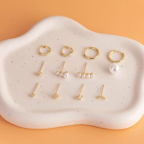 Gold Earrings Set for Women Trendy 14K Gold Plated Gold Dainty Small CZ Diamond Opal Pearl Evil Eye Stud Huggie Hoop Earrings Cartilage Earrings for Women in Saudi Arabia