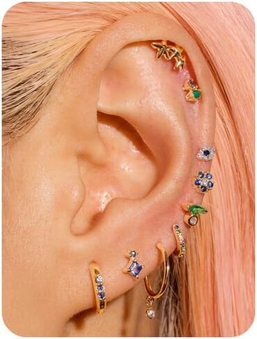 Gold Earrings Set for Women Trendy 14K Gold Plated Gold Dainty Small CZ Diamond Opal Pearl Evil Eye Stud Huggie Hoop Earrings Cartilage Earrings for Women in Saudi Arabia