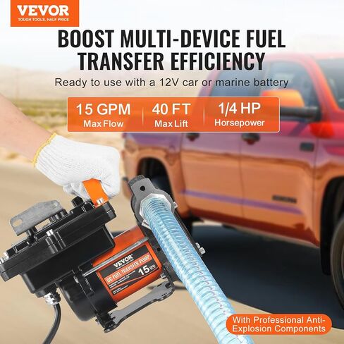 VEVOR Fuel Transfer Pump, 12V DC 15 GPM 1/4 HP, Portable Electric Diesel Transfer Pump with Auto Shut-Off Fuel Nozzle, Long Inlet & Outlet Hose for Gasoline, Diesel, Kerosene, Methanol Blends in Saudi Arabia