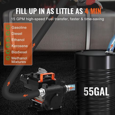 VEVOR Fuel Transfer Pump, 12V DC 15 GPM 1/4 HP, Portable Electric Diesel Transfer Pump with Auto Shut-Off Fuel Nozzle, Long Inlet & Outlet Hose for Gasoline, Diesel, Kerosene, Methanol Blends in Saudi Arabia