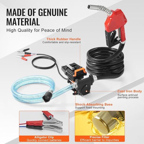 VEVOR Fuel Transfer Pump, 12V DC 15 GPM 1/4 HP, Portable Electric Diesel Transfer Pump with Auto Shut-Off Fuel Nozzle, Long Inlet & Outlet Hose for Gasoline, Diesel, Kerosene, Methanol Blends in Saudi Arabia
