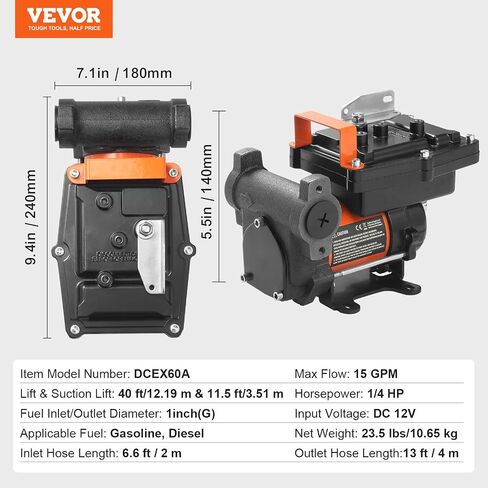 VEVOR Fuel Transfer Pump, 12V DC 15 GPM 1/4 HP, Portable Electric Diesel Transfer Pump with Auto Shut-Off Fuel Nozzle, Long Inlet & Outlet Hose for Gasoline, Diesel, Kerosene, Methanol Blends in Saudi Arabia