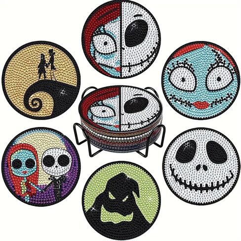 OFDNE Halloween Diamond Paintings Kits with Holder,6Pcs DIY Nightmare Before Christmas Coaster Diamond Art Kits,Full Coasters Diamond Painting Kits for Adults Beginners Art Craft Supplies in Saudi Arabia