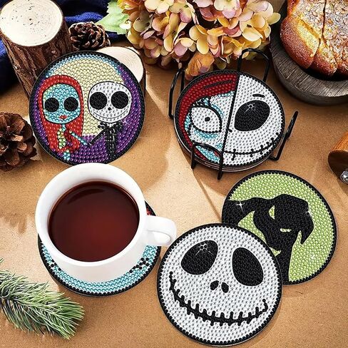 OFDNE Halloween Diamond Paintings Kits with Holder,6Pcs DIY Nightmare Before Christmas Coaster Diamond Art Kits,Full Coasters Diamond Painting Kits for Adults Beginners Art Craft Supplies in Saudi Arabia