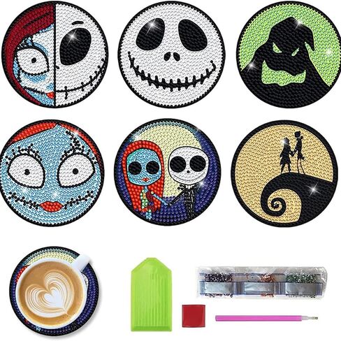 OFDNE Halloween Diamond Paintings Kits with Holder,6Pcs DIY Nightmare Before Christmas Coaster Diamond Art Kits,Full Coasters Diamond Painting Kits for Adults Beginners Art Craft Supplies in Saudi Arabia