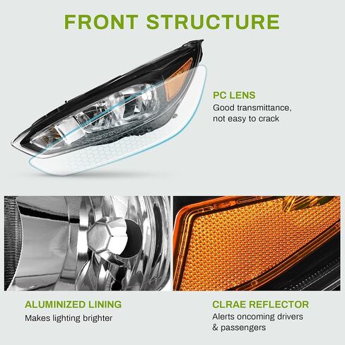 AUTOSAVER88 Headlight Assembly Compatible with 2015-2018 Ford Focus Headlamp Replacement Chrome Housing Amber Reflector - Pair Set in Saudi Arabia