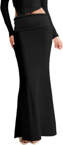 Women's Folded High Waisted Ribbed Knit Maxi Skirt Bodycon Fishtail Long Skirts in Saudi Arabia