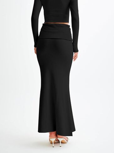Women's Folded High Waisted Ribbed Knit Maxi Skirt Bodycon Fishtail Long Skirts in Saudi Arabia