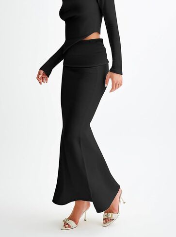Women's Folded High Waisted Ribbed Knit Maxi Skirt Bodycon Fishtail Long Skirts in Saudi Arabia