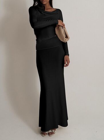 Women's Folded High Waisted Ribbed Knit Maxi Skirt Bodycon Fishtail Long Skirts in Saudi Arabia