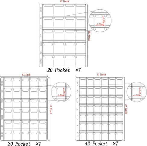 644 Pockets 3 Sizes Coin Collection Pages, 21 Sheets Coin Collection Supplies Pages with Standard 9 Hole Coin Binder Sleeves for Coin Stamp Currency Collection (20+30+42 Pocket) in Saudi Arabia