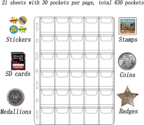 644 Pockets 3 Sizes Coin Collection Pages, 21 Sheets Coin Collection Supplies Pages with Standard 9 Hole Coin Binder Sleeves for Coin Stamp Currency Collection (20+30+42 Pocket) in Saudi Arabia